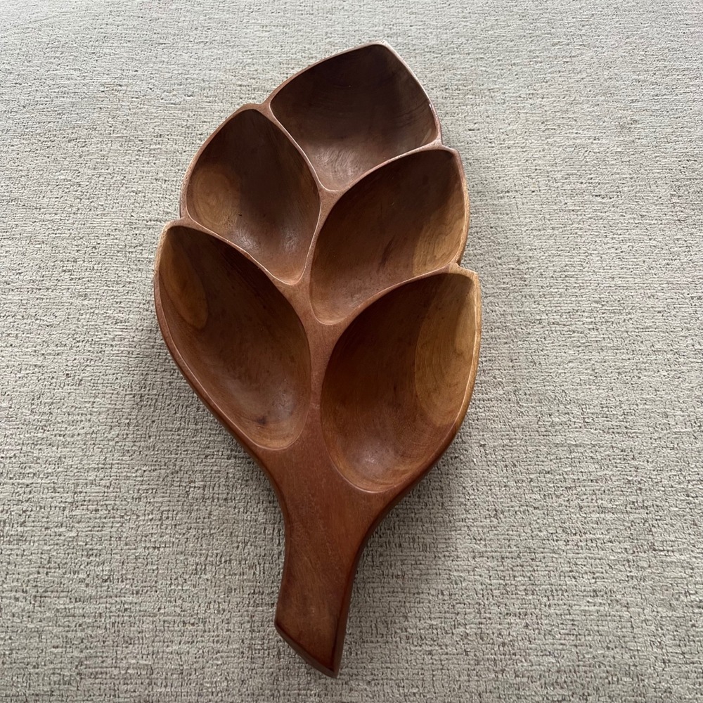 Vintage Wooden‎ Leaf Shaped Divided Serving Tray Appetizer Dish Mid-Century